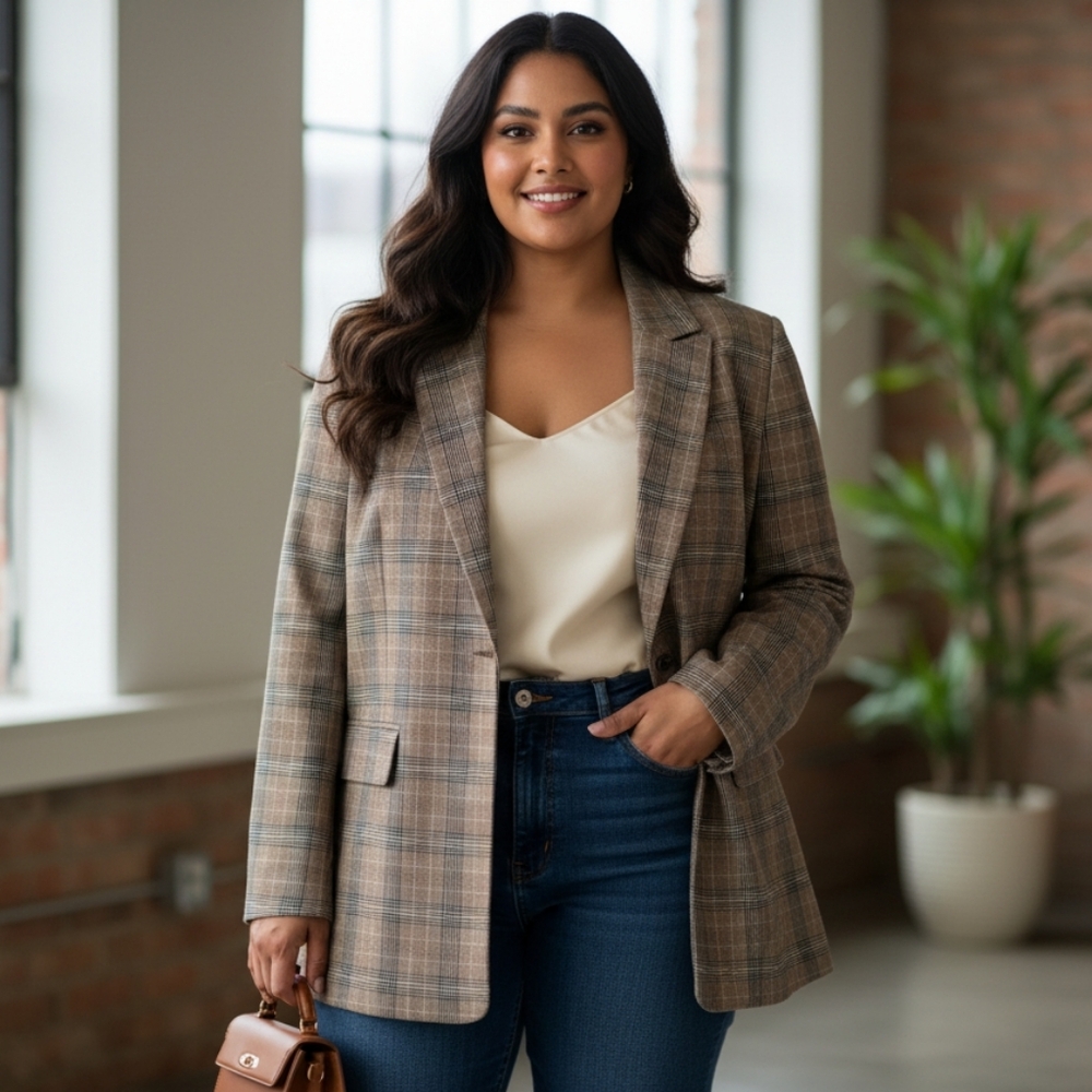 NWT Plus Size Old Navy Tan Plaid Business Casual Office Women's Blazer Size 4XL